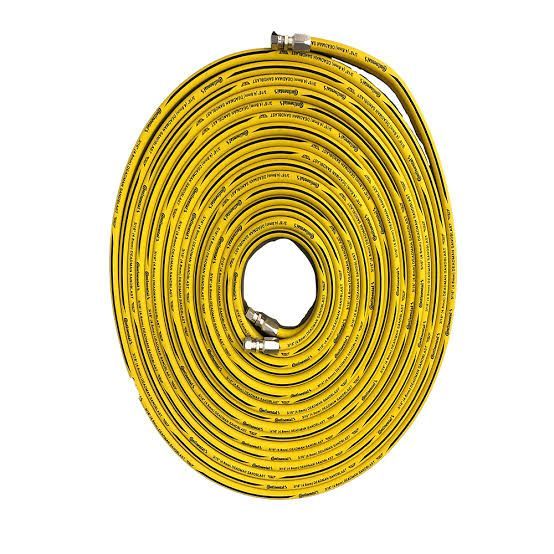 Coiled yellow garden hose on a white background