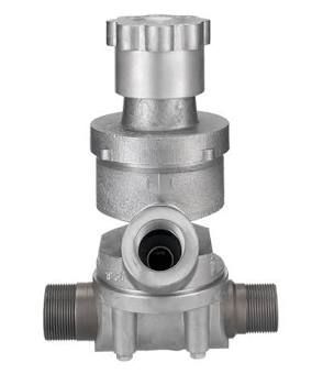 Silver industrial metal valve or pump component with threaded pipe connections