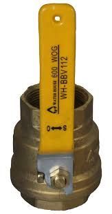 Yellow-handled valve with brass base, shown upright on a white background