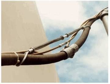 Close-up of thick black cables secured with metal clamps against a light wall and cloudy sky