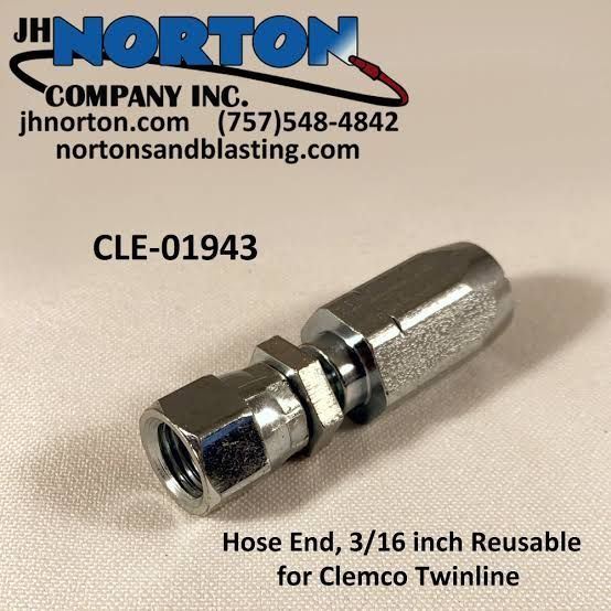 Chrome reusable 3/16-inch hose end fitting for Clemco Twinline, labeled CLE-01943
