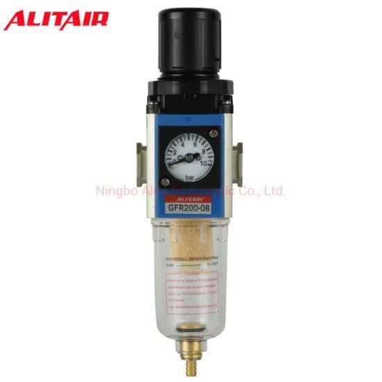 Air pressure regulator with gauge and clear filter bowl, black and blue, on white background