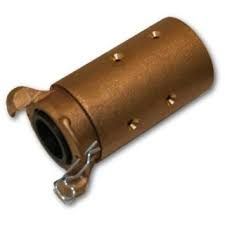 Copper-colored metal cylinder with a black opening and small mounting clips