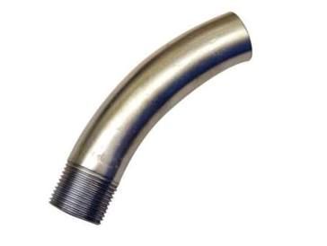 Curved metal pipe elbow fitting with threaded end on a white background