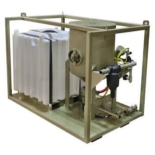 Industrial machine in a beige metal frame with white filter panels and a black pump assembly.