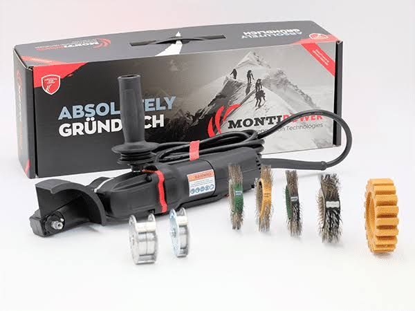 MOUNTZ tool kit with black power tool, drill bits, sockets, and yellow gear on a box backdrop