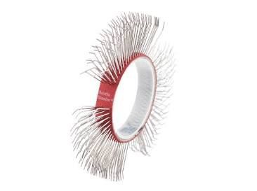 Red and white circular 3D rendering of a ring with radiating bristle-like lines
