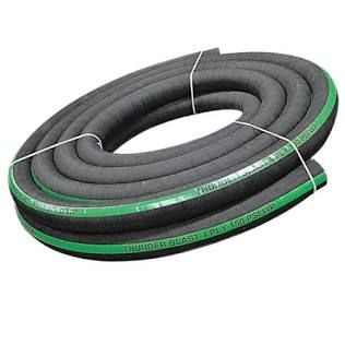 Coiled black hose with green stripes, bundled with ties on a white background