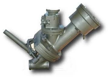 Metal industrial valve assembly with angled pipe fittings and a side handle on a gray background