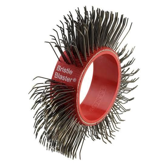 Red bristle cleaning wheel brush with black bristles on a white background