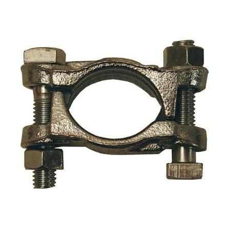 Metal pipe clamp with bolts and nuts, shown on a white background