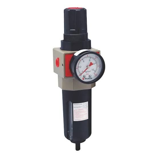 Pneumatic air filter regulator with pressure gauge and black adjustment knob on white background