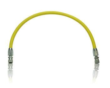 Yellow curved hose with metal connectors on both ends