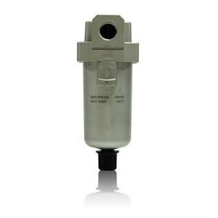 Silver industrial filter canister with black fittings on a white background