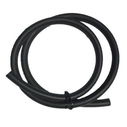 Coiled black corrugated hose tied with a small black zip tie