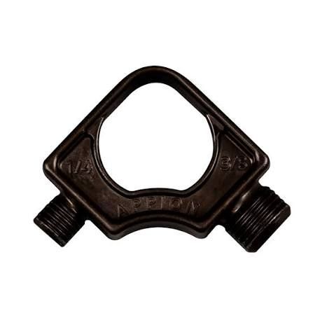 Black plastic double-outlet fitting with two threaded hose connectors on a white background