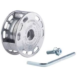 Silver pulley wheel with mounting screw and hex key on white background
