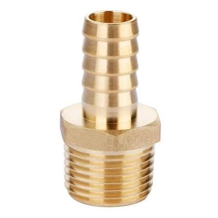 Brass hose barb fitting with threaded end on a white background