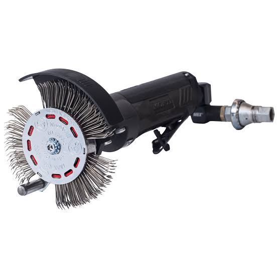 Rotary wire brush wheel attached to an angle grinder, shown on a white background