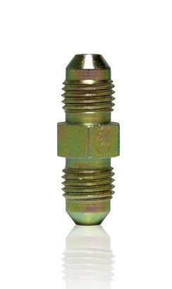 Metal pipe fitting with threaded ends and a hexagonal center, shown on a white background.