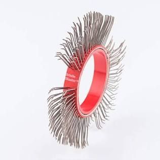 Red circular wire brush wheel with metal bristles on a white background