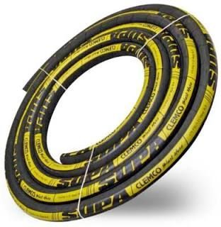 Coiled black-and-yellow CEMCO industrial hose on a white background