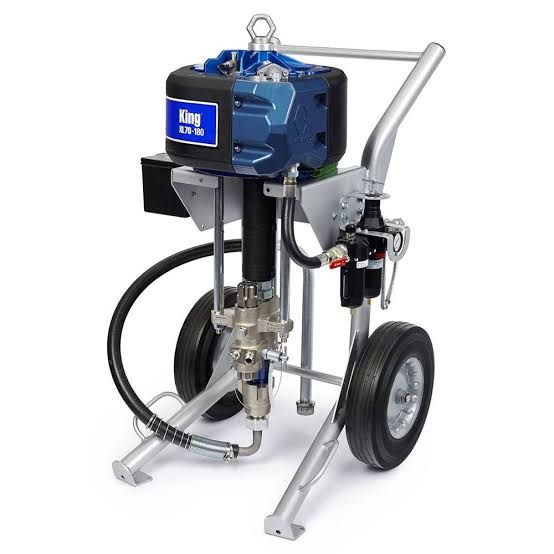 Blue industrial paint sprayer on a wheeled cart with hoses and spray gun