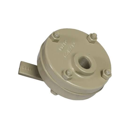 Beige metal electrical component with threaded center opening and four bolts on a white background