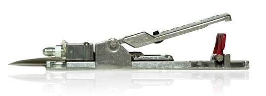 Metal mechanical latch with a silver lever and red handle on a white background