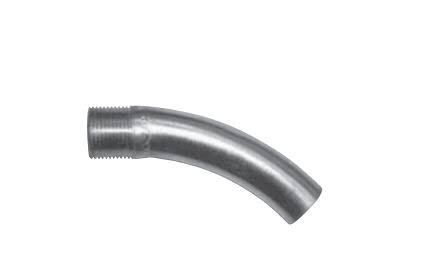 Silver metal curved pipe elbow fitting on a white background