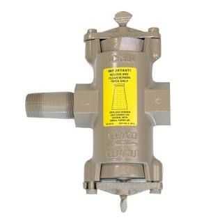 Gray industrial valve assembly with a yellow warning label and threaded side connections