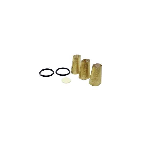 Three brass cone-shaped items with two black rings and a white washer on a white background