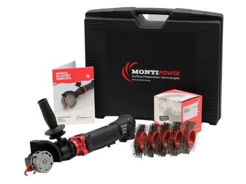 Cordless angle grinder kit with carrying case, battery, charger, and cutting discs on a white background