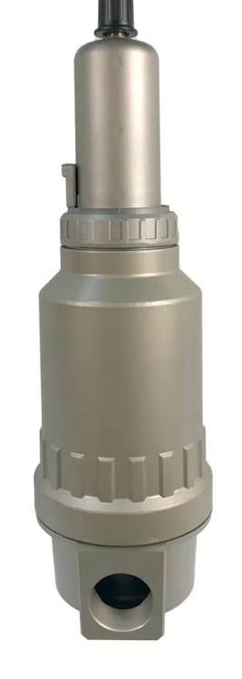 Silver metal cylindrical component with a threaded top and side opening on a plain background