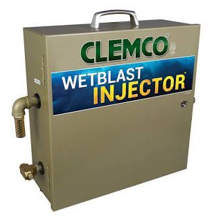 Clemco Wetblast Injector machine, olive green metal box with handle and brass fittings.
