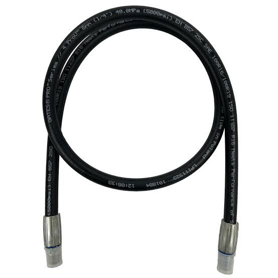 Black rubber hose with metal fittings, coiled into a loop on a white background