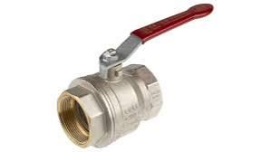 Metal ball valve with a red lever handle and brass threaded ends on a white background