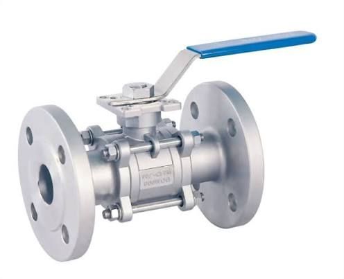 Silver stainless steel ball valve with blue lever handle and flanged ends
