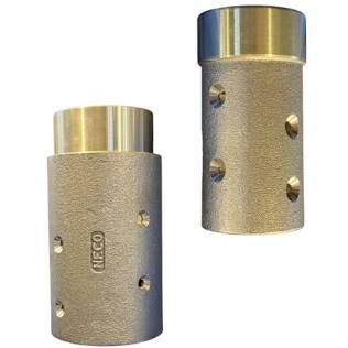 Two silver cylindrical metal connectors with gold-colored tops on a white background