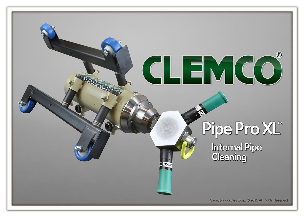 Clemco Pipe Pro XL internal pipe-cleaning tool on gray background with green logo and text