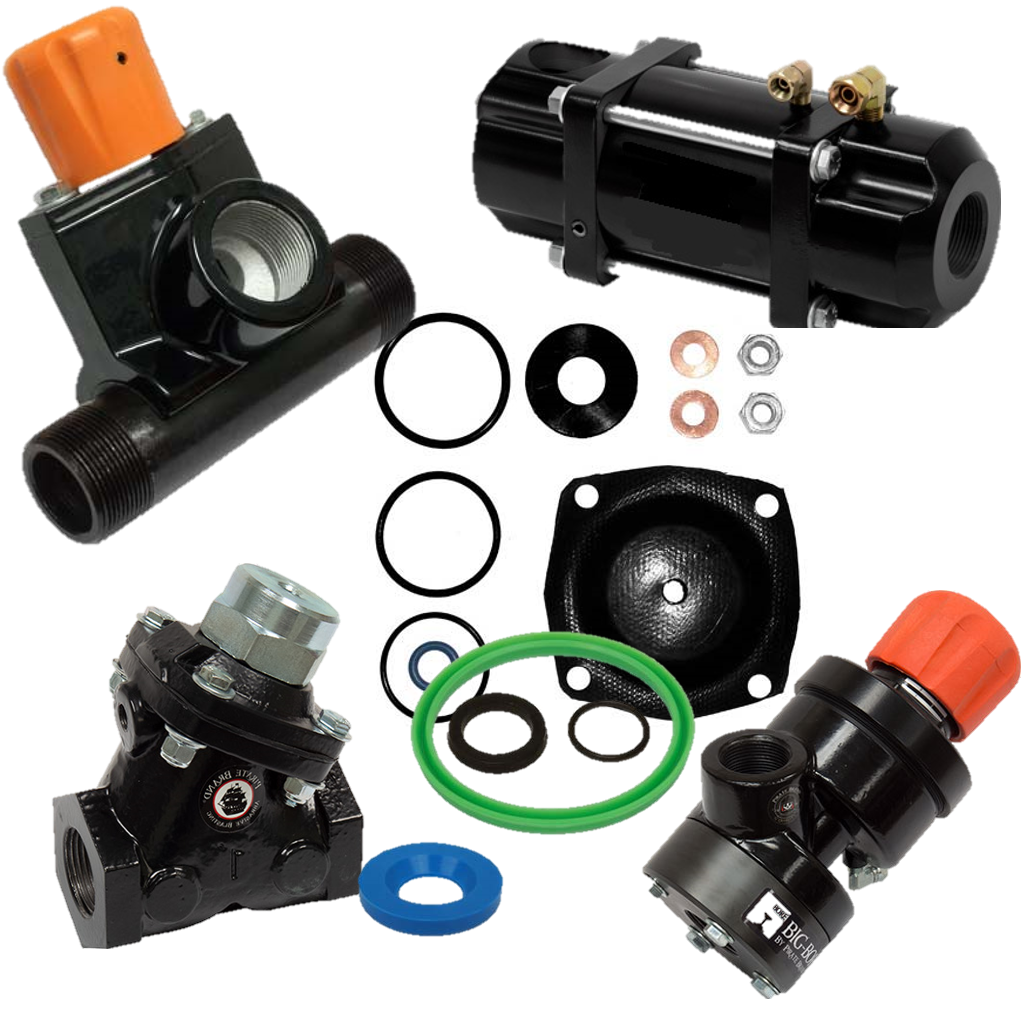 Assorted black metal valve fittings and gaskets with orange caps, arranged on a white background