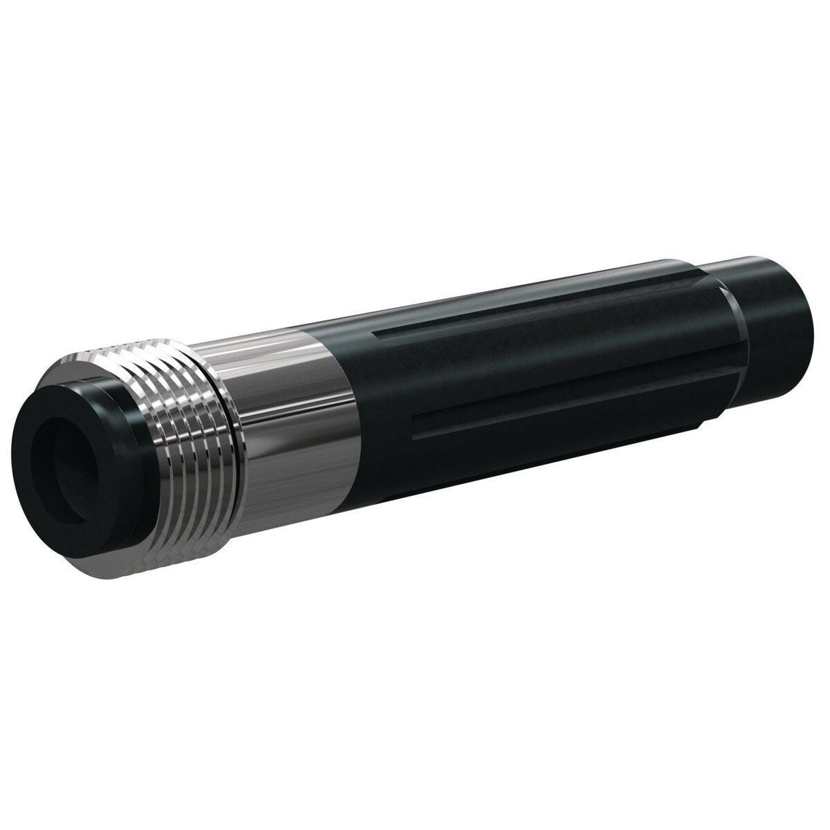 Black and silver handheld flashlight with a threaded metal front on a white background