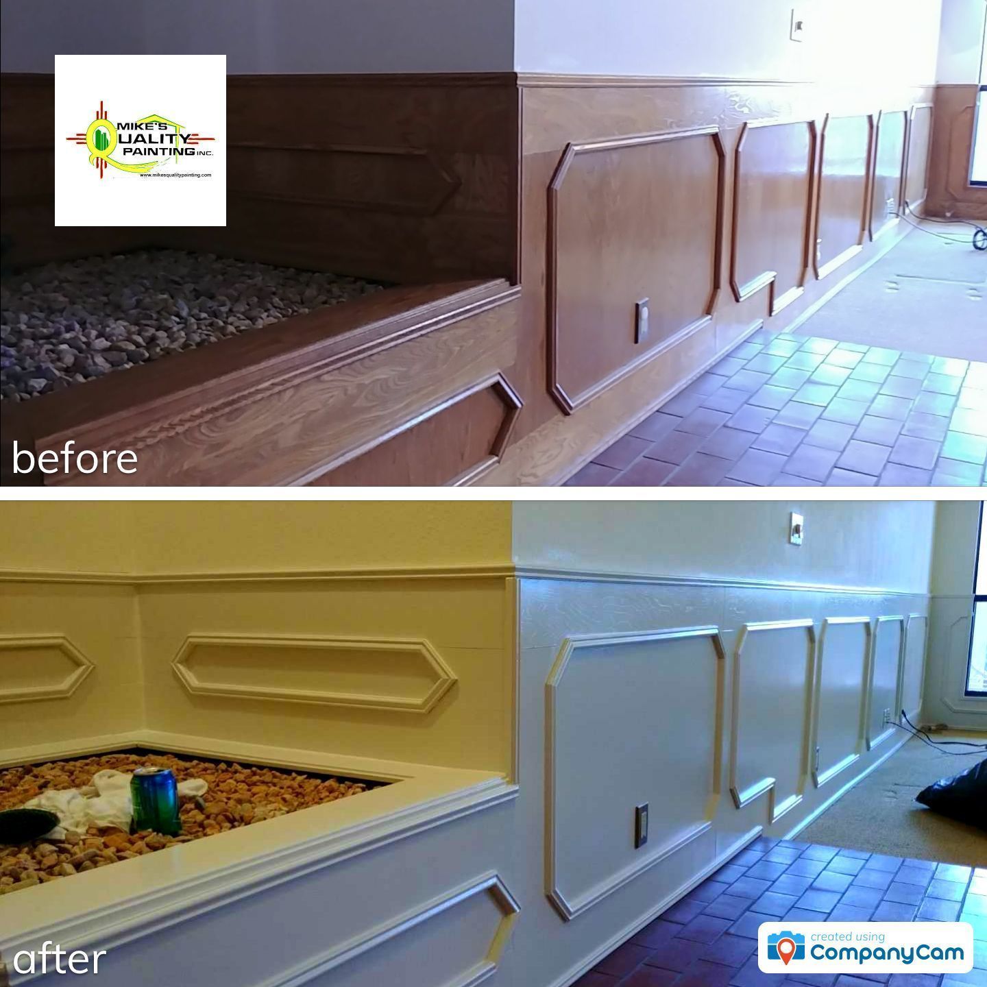 a before and after photo of a wall with molding