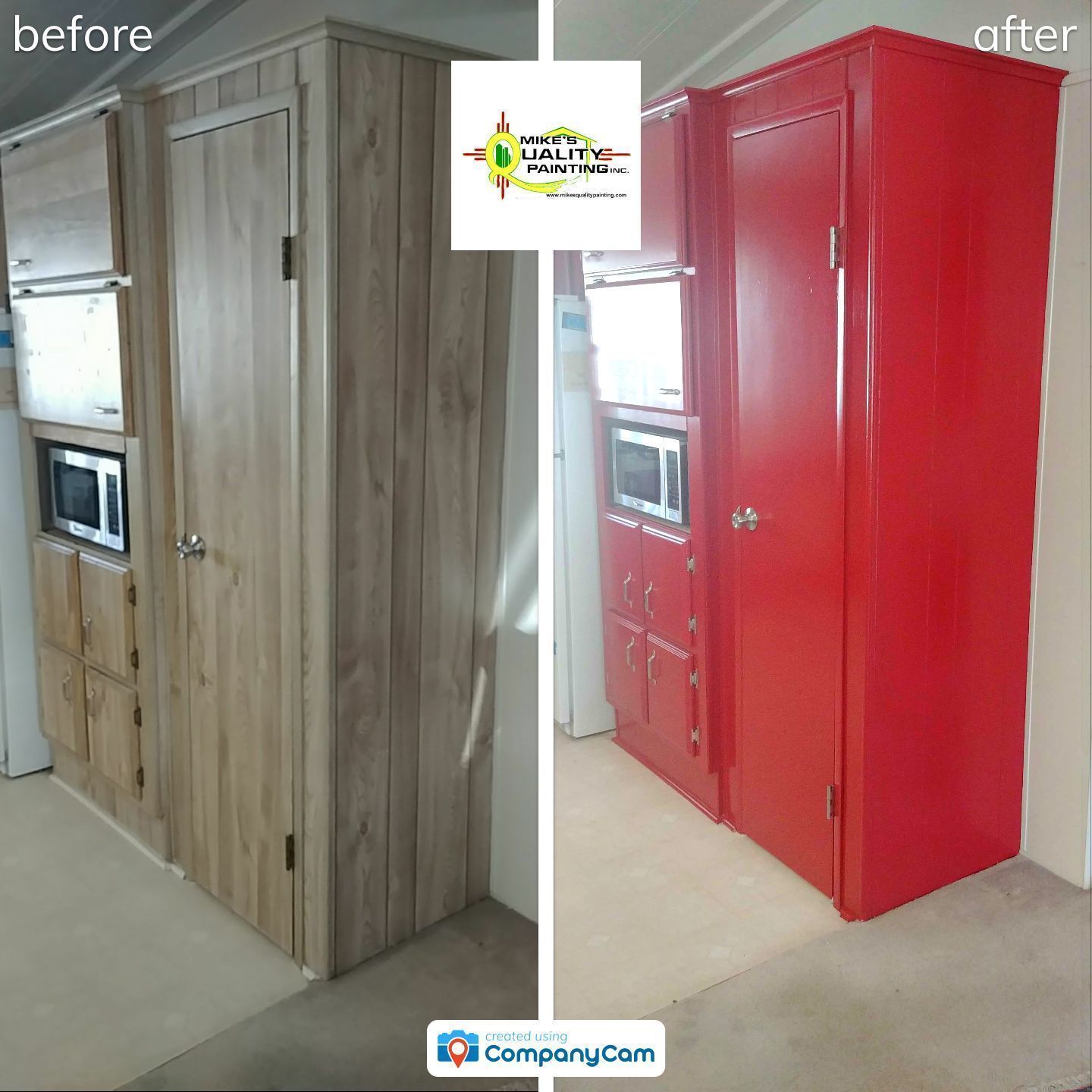 a before and after photo of a red cabinet