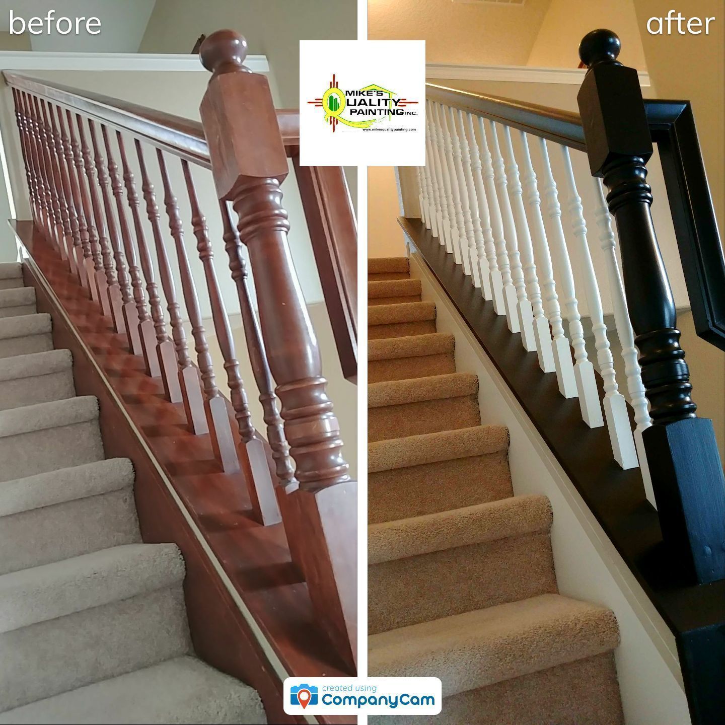 a before and after photo of a wooden staircase
