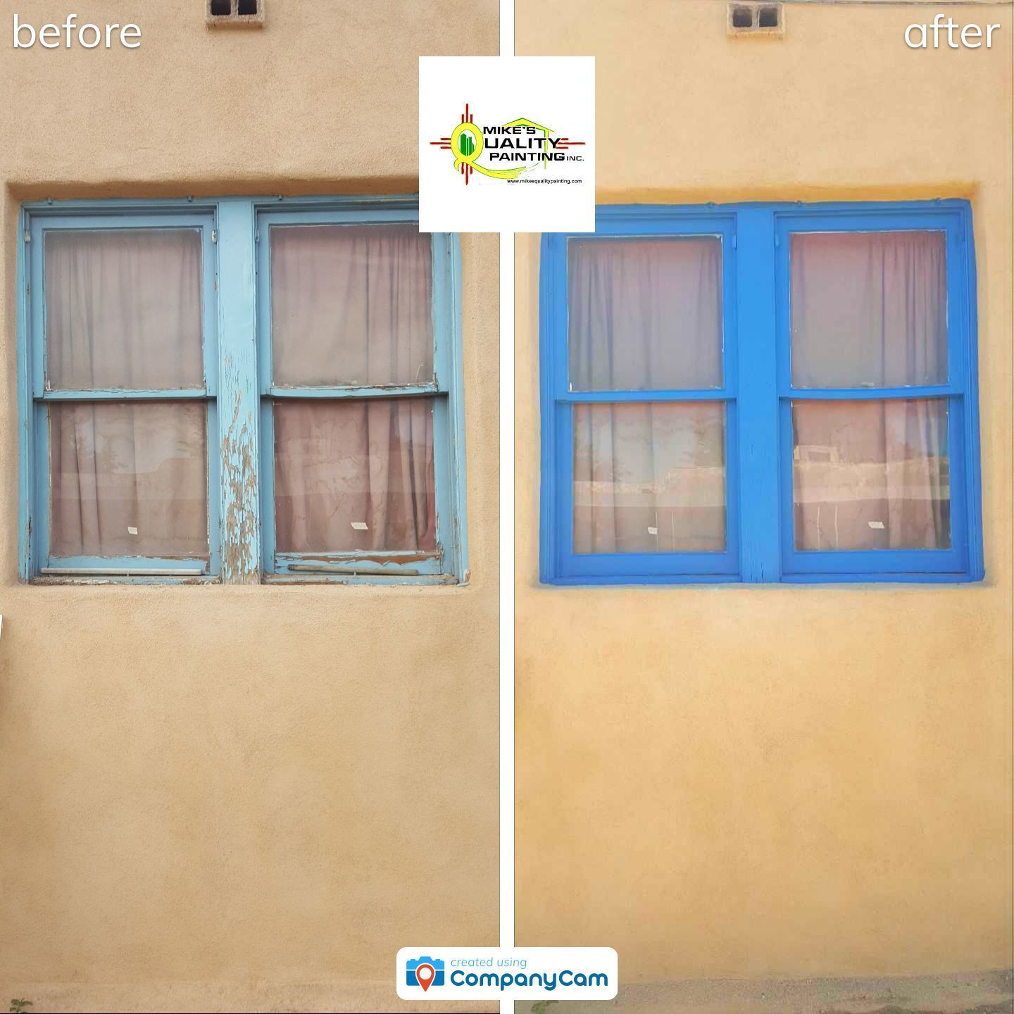 a picture of a window before and after being painted blue