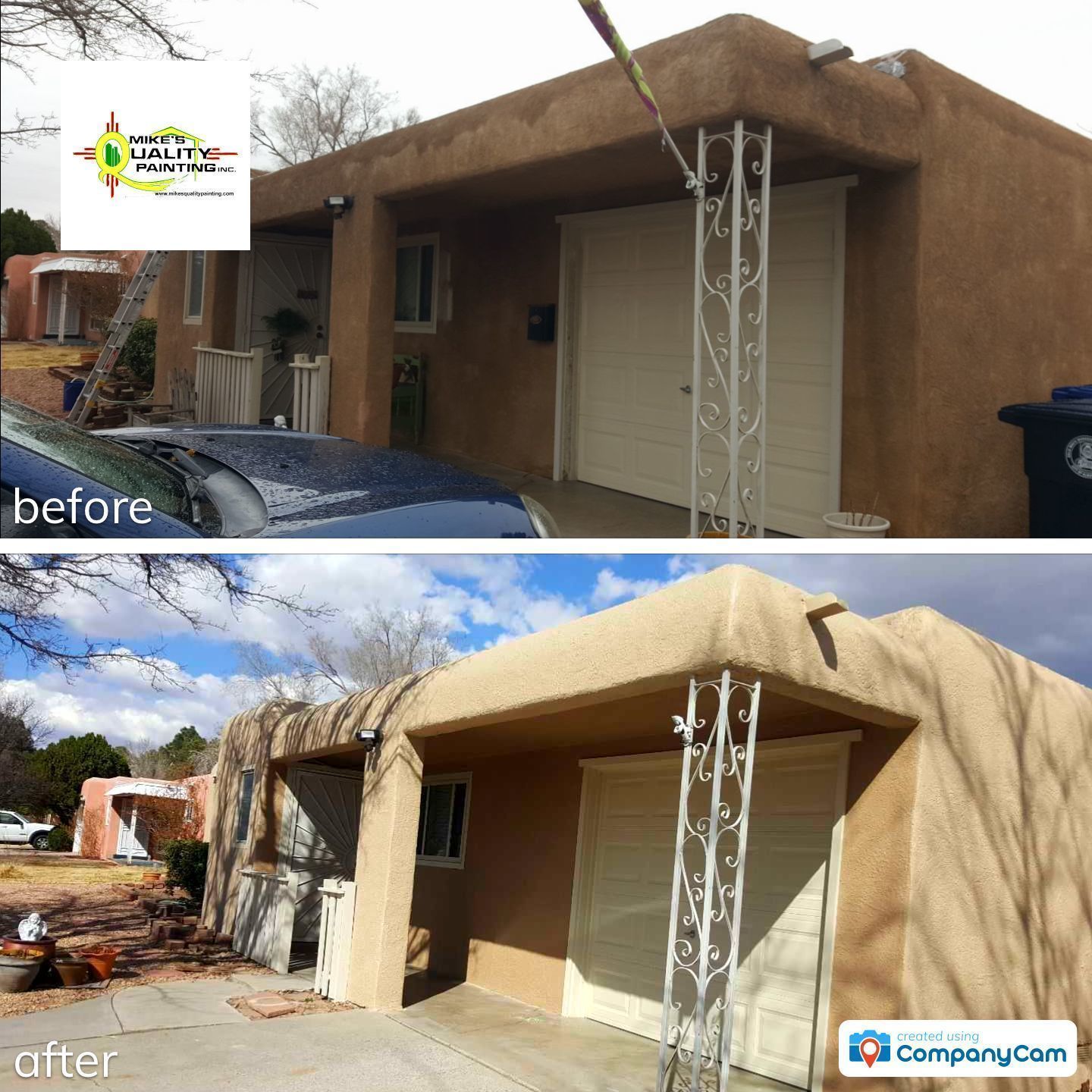 a before and after picture of a house with a car parked in front of it .