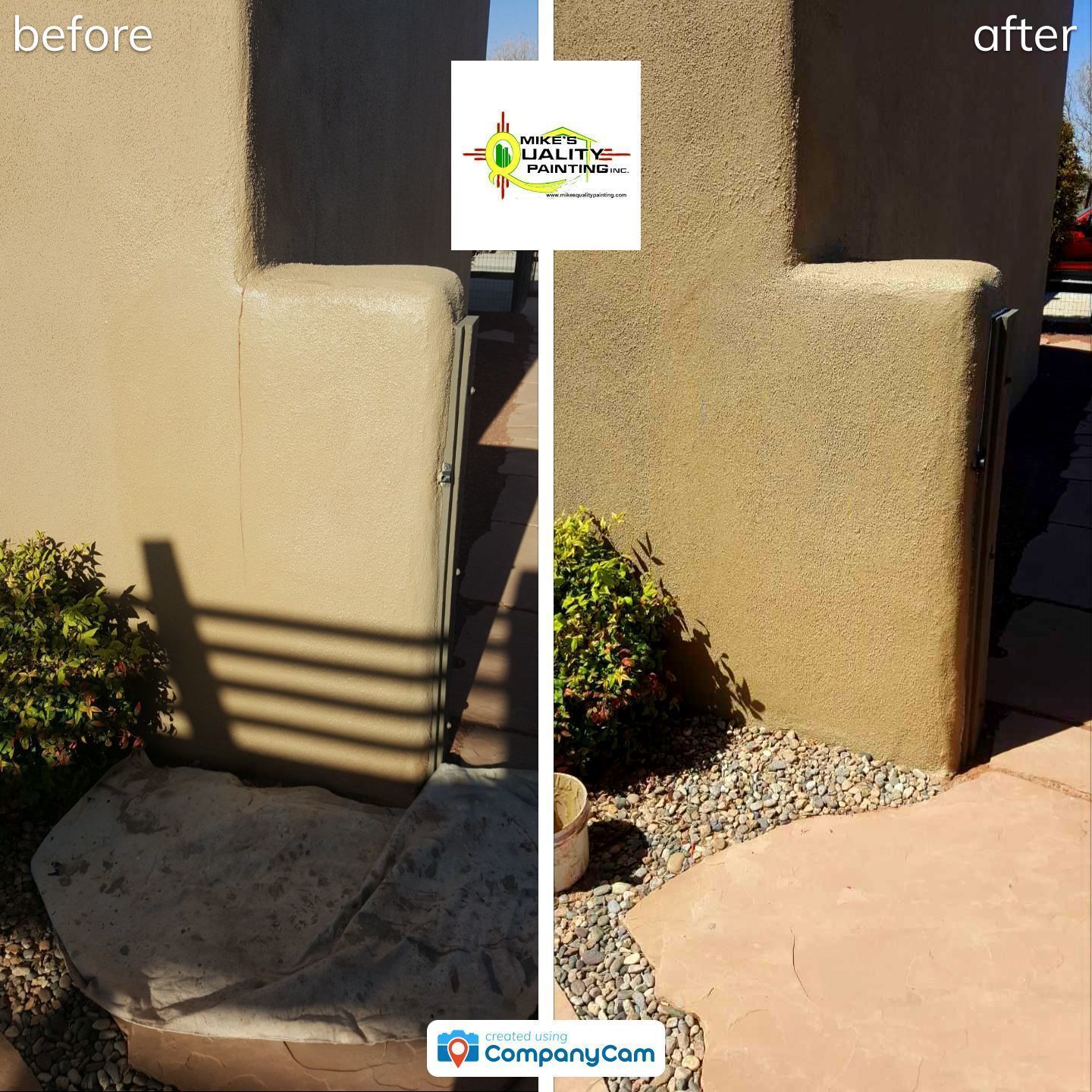 a before and after photo of a stucco house being painted