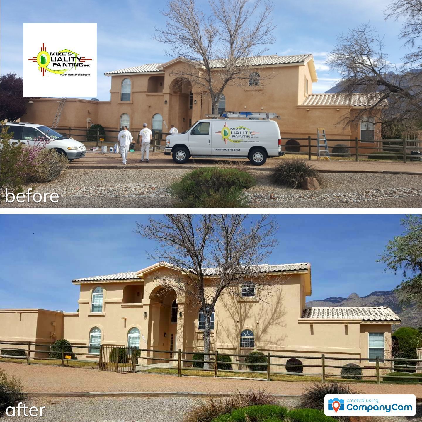 a before and after photo of a house with a van parked in front of it