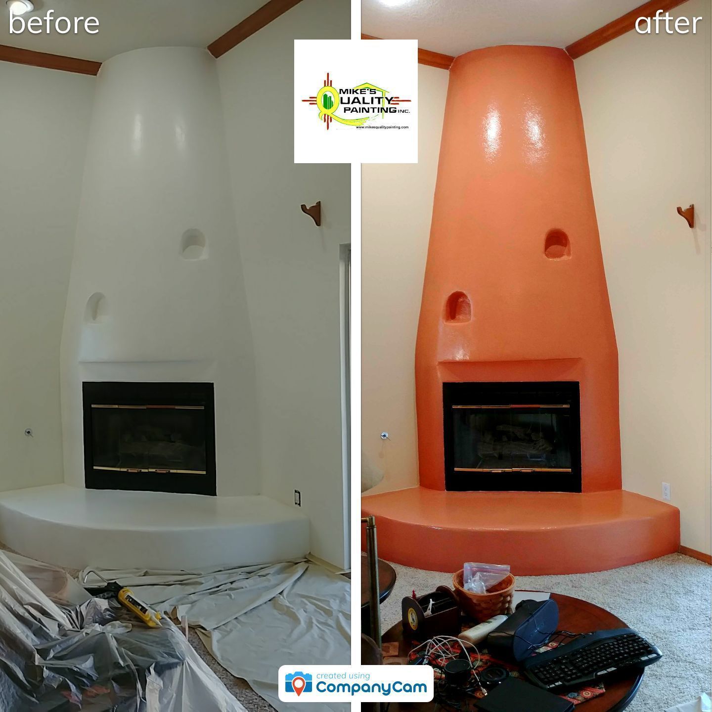 a before and after photo of a fireplace painted orange